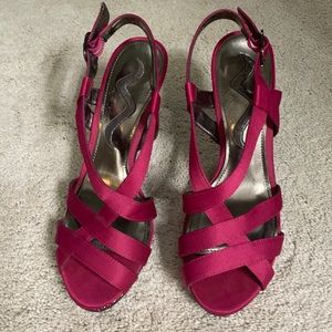 Nina Satin and glitter cranberry platform heels